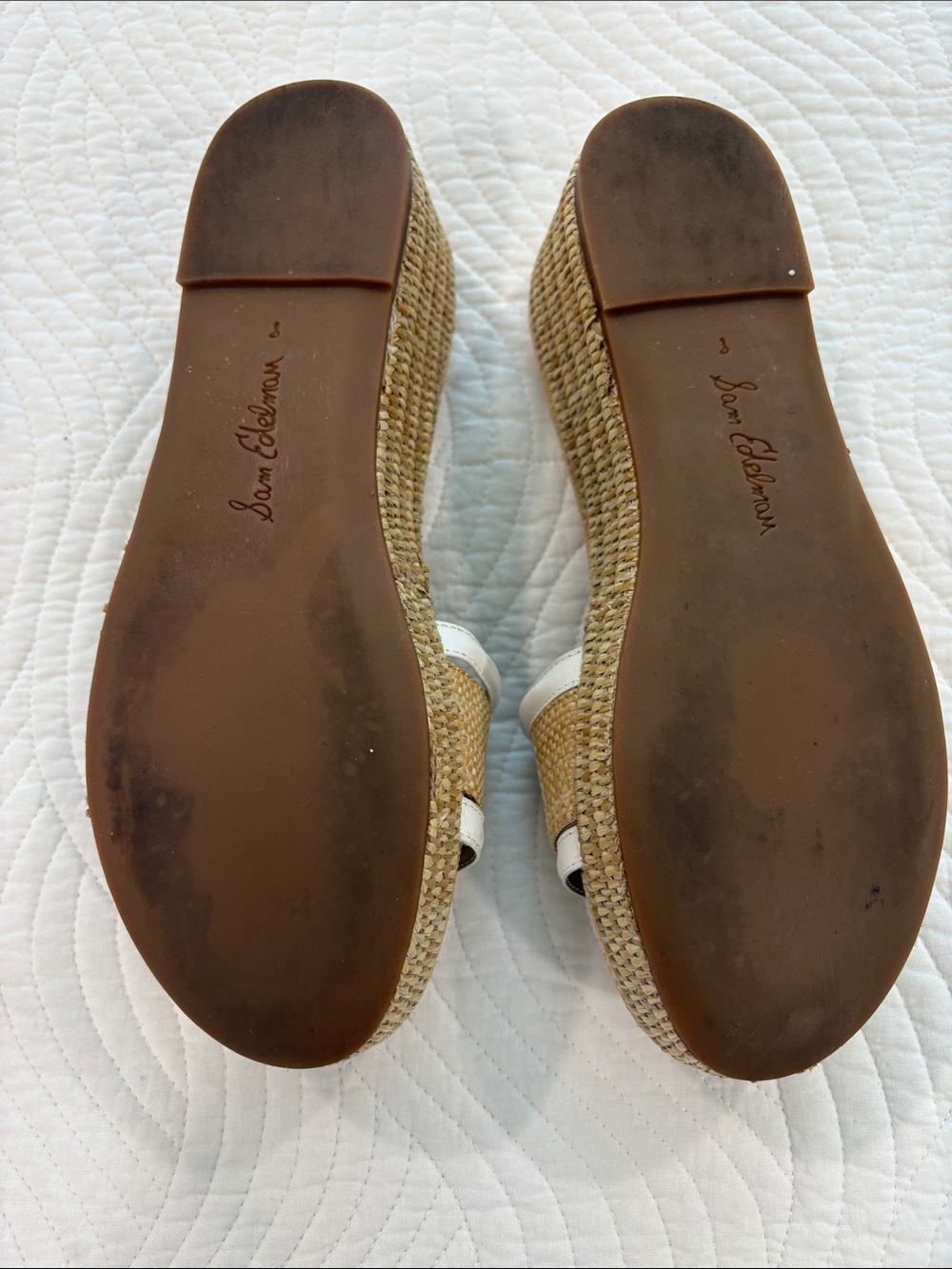 Sam Edelman Tan Woven Raffia Wedge Slides with White Trim - Picture 3 of 7